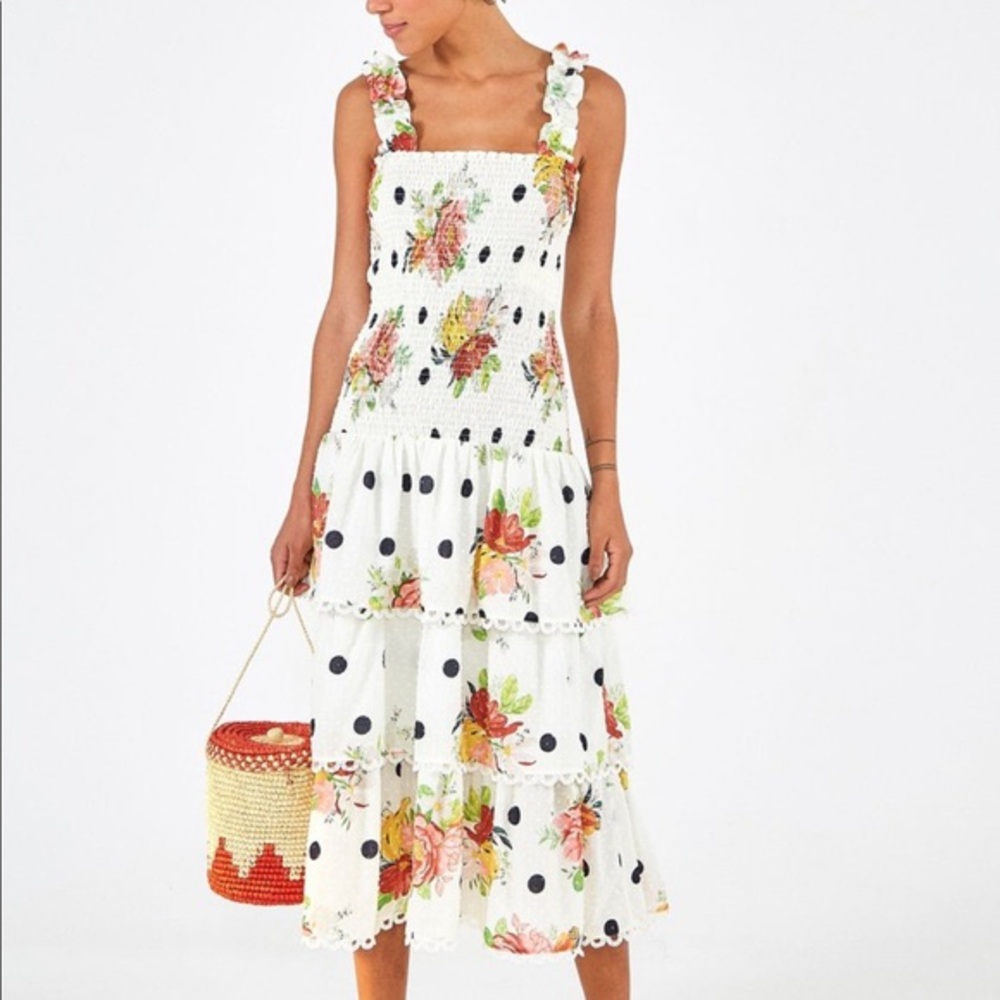 Farm Rio White Nanaju Midi Dress with Ruffles